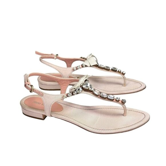 Vintage Miu Miu Sandals Sz.10 Pink Blush Crystal Embellished Bow Flats Designer - Picture 1 of 11